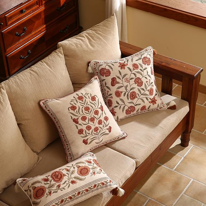 ISAENNE Design Linen Square Vintage Throw Pillow Covers 18"x18" Pack of 2, Brick Red Cushion Covers with Orange Floral Green Leaves Pattern Decoration Pillowcases for Bed,Living Room,Outdoor,Car