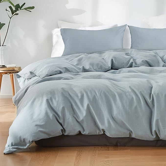 FALUCA French Linen Blend Duvet Cover Set 3Pcs Queen (88"x92") - Soft, Breathable, Cooling Farmhouse Bedding for Hot Sleeper (Queen, Cornflower Blue/Dusty Blue/Solid Sky Blue)