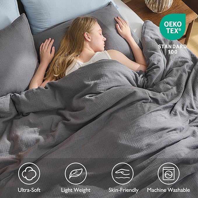 EMME Muslin Cotton Duvet Cover Set Queen Size Linen Like Soft Breathable Lightweight Summer Comforter Cover Set with Zipper Closure (Dark Grey, Queen, 90"x90")