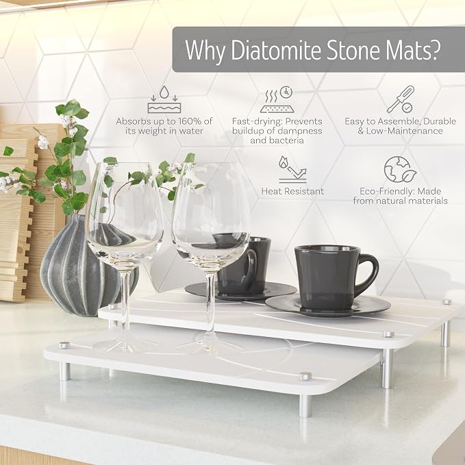 Nested Stone Drying Mat for Kitchen Counter | Large 16"x12" Dish Drying Mat plus 13"x12" Diatomaceous Earth Stone Dish Drying Mat | Expands to 29ā x 12ā | Premium Stone Mat (White)