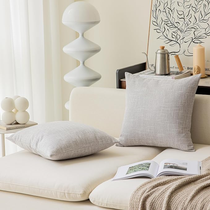Kevin Textile Decorative Lined Linen Cushion Cover Throw Pillow Case for Bedroom, 24"x24"(61x61cm), Set of 2, Grey White
