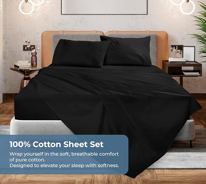 ROYALE LINENS 100% Organic Cotton King Sheet Set - Percale Weave - 4 Pieces Set - 1 Flat, 1 Deep Pocket Fitted Sheet and 2 Pillowcases - Black Bed Sheets - Sábanas King - Crisp Cool (Black)
