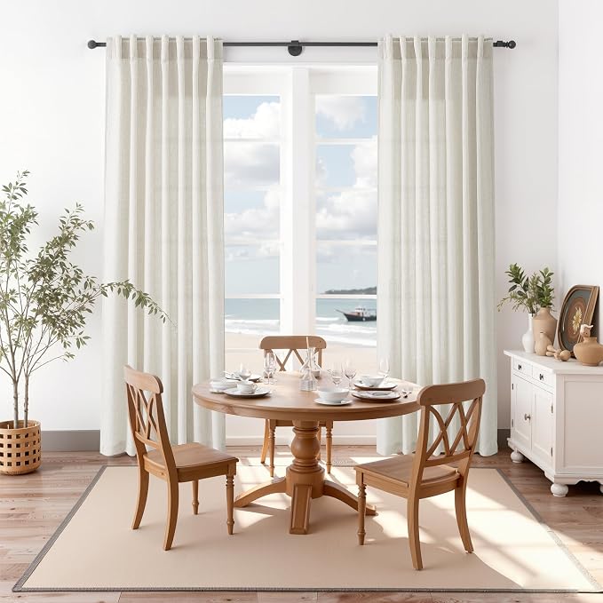 Nanspring Mousse White Lnen Curtains 102 Inches Long for Living Room Linen Light Filtering Semi Sheer Curtain Back Tab Simple Modern Floor to Ceiling Coastal Decor Drapes for Bedroom 52x102, 2 Panels