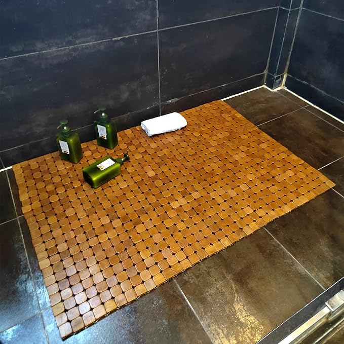 HJJKKH Bath Mat Wooden Bathroom Rug Rayon Derived from Bamboo 23.6"x 35.4", Quick Dry Foldable Non-Slip Wood Floor Shower Mat for Bathroom, Bathtub, Spa, RV, Sauna, Hot Tub, Indoor & Outdoor Use