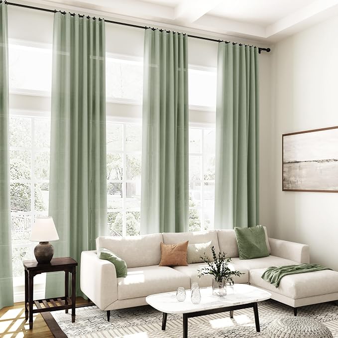 Nanspring Desert Sage Linen Curtains 108 Inches Long for Living Room Bedroom 2 Panels Set Extra Long Back Tab Curtain Light Filtering Sheer Drapes Floor to Ceiling Curtain for Large Windows 52x108