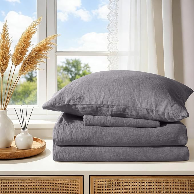 100% Pure Linen Duvet Cover Set Queen Size 3 Pcs Natural Linen Bedding Zipper Closure Breathable Soft Comforter Cover Sets, Cozy for All Season (Queen, Dark Gray)