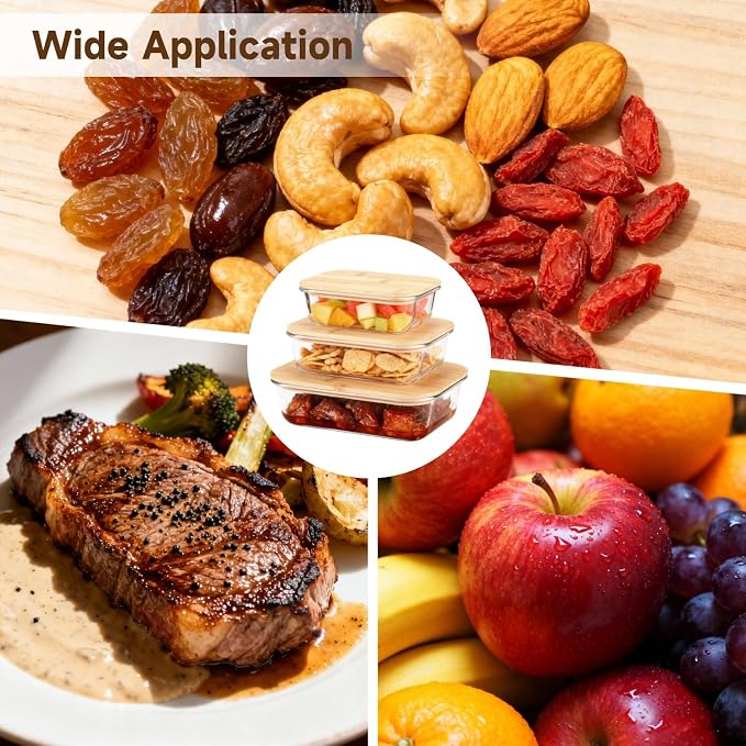 3 Pcs Glass Food Storage Container Set with Wood Lids, 12.5-35.2 Oz Stackable, Meal Prep, Reusable Lunch Box for Picnic