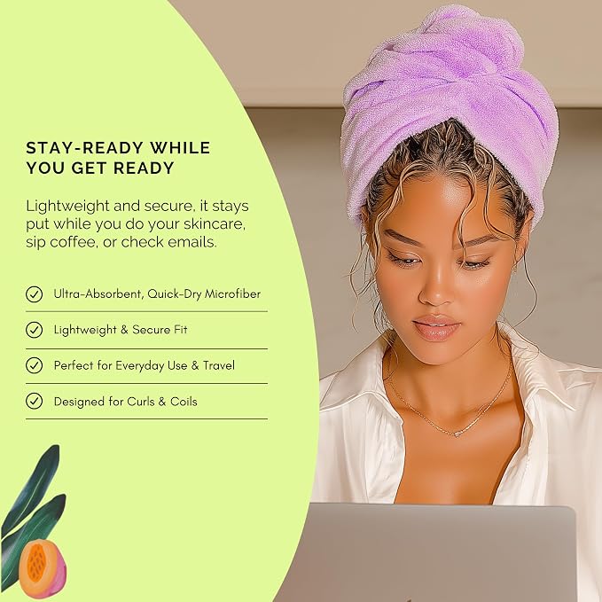 Hair Towel for Women & Kids - Fast Absorbent Microfiber Towel for Wet Hair Curly, Coily & Wavy Hair - Lightweight, Button Loop Design - Ideal Hair Wrap Towel to Dry Curls Gently