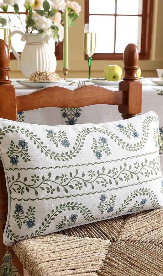ISAENNE Design Fresh Linen Rectangular Throw Pillow Covers 12"x20" Pack of 2, French White Cottage Cushion Covers with Green Branches Pattern Decoration Pillowcases for Bed,Living Room,Outdoor,Car