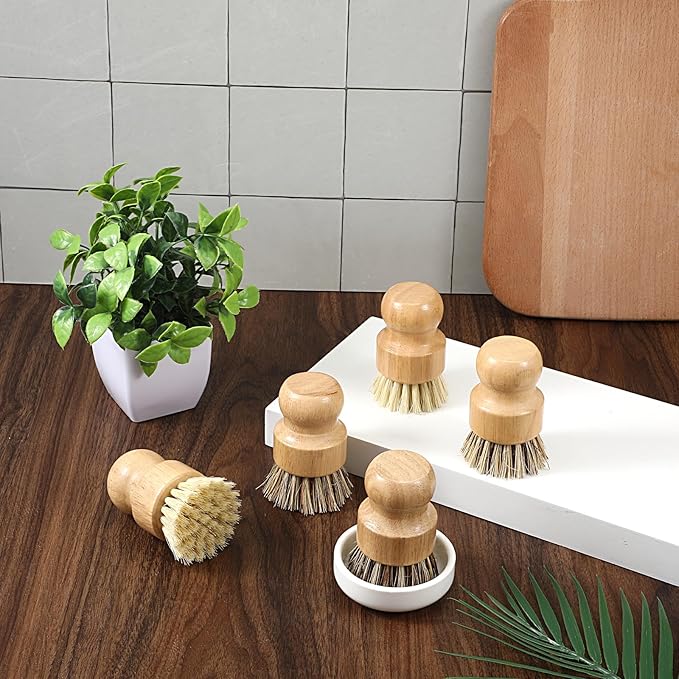 7 Pcs Bamboo Scrub Brushes Set, Kitchen Dishwashing Scrubber with Natural Sisal/Palm Bristles, Round Mini Dish Brush with Ceramic Holder, for Kitchen Sink Pans Pots Vegetables Cleaning