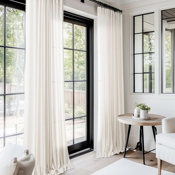 2 Panels Set Cream Linen Curtains 108 Inches Long for Living Room Neutral Rustic Farmhouse Light Filtering Semi Sheer Linen Drapes Ceiling to Floor for Large Window Villa Hallway Ivory 9 FT