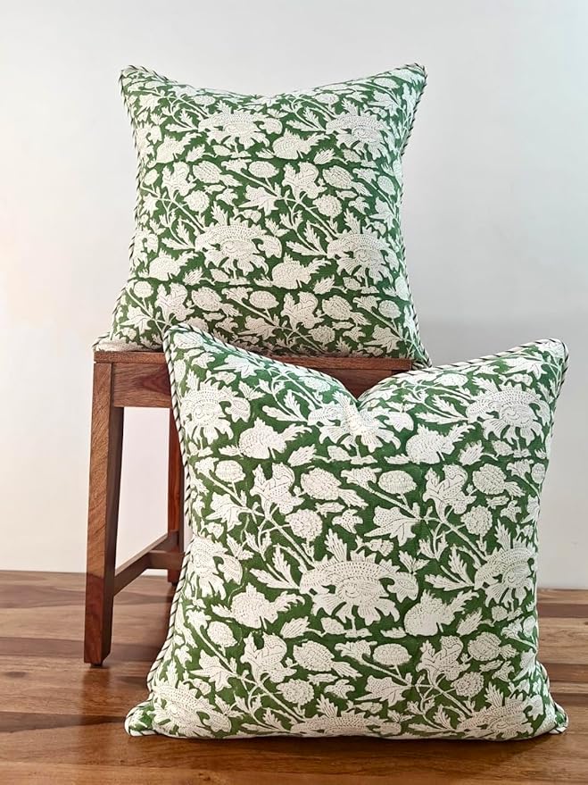 ATOSII Block Print Throw Pillow Covers, 20 X 20 - Set of 2, Decorative Couch Pillows for Living Room Bed Sofa, 100% Cotton Canvas Pillow Case for Home Decor & Outdoors, Preppy Throws - Meraki Green