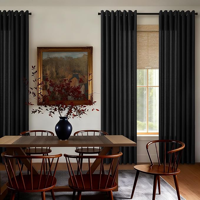 Black Linen Curtains 84 Inches Long 2 Panels Set for Bedroom Living Room Doorway Light Filter Farmhouse Flax Burlap Textured Linen Drapes Semi Sheer Boho Black Window Curtains 84 Inch Length Grommet