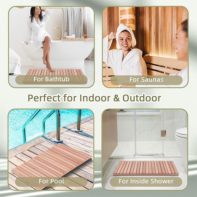 bingaai Cedar Wood Bath Mat 40"×23.6", Cedar Wooden Bath Mats, Wood Shower Stall Mat Non-Slip for Bathroom Bathtub Spa Sauna Garden Home, Wooden Floor Mat Large for Indoor and Outdoor