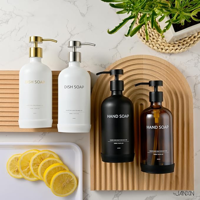 Glass Soap Dispenser Bathroom Set by Janxin, Foaming Kitchen soap Dispenser with Ceramic Tray for Dish Soap, Liquid Soap Dispenser for Hand Soap, Lotion, Body Wash (White+Silver)