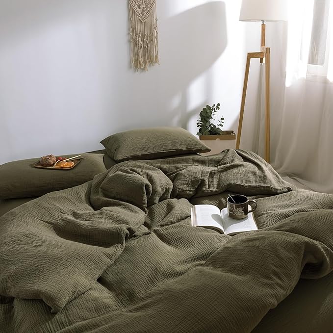 mixinni Olive Green Waffle Weave Duvet Cover Set King, 3-Piece 100% Natural Washed Cotton Triple-Layer Gauze Solid Bedding Set, Soft Breathable Minimalist Comforter Cover with Zipper & Ties-King