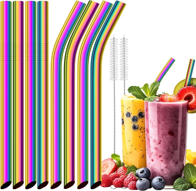 NiHome 8-Pack Stainless Steel Straws for Boba, Smoothie, 10.4” Metal Straws | 0.5'' Extra Wide Metal Reusable Straws, 4 Bent & 4 Straight Drinking Straw for Bubble Tea, Milkshake, 2 Brushes, Iridescent