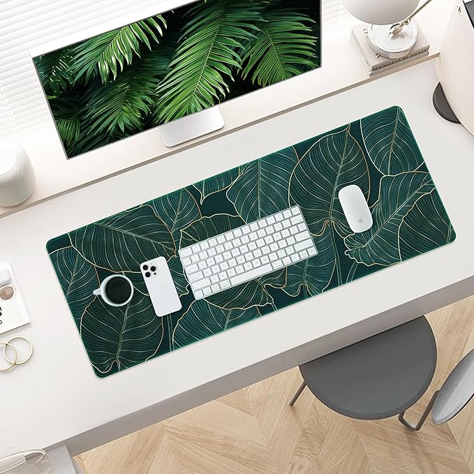 ALOANES Waterproof Mouse Pad with Durable Stitched Edge, XL Gaming Keyboard Pad, Non-Slip Rubber Base, Extended Desk pad for Gamer, Office & Home, Green Leaves Mousepad 31.5"x 11.8"x 0.12"
