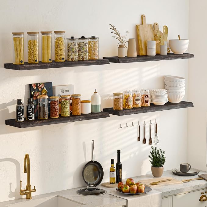 Fun Memories Floating Shelves for Wall Set of 2, Rustic Solid Elm Wood Live Edge Wall Shelves 36 Inch - Invisible Bracket Mount for Living Room, Bathroom, Bedroom, Kitchen, Walnut
