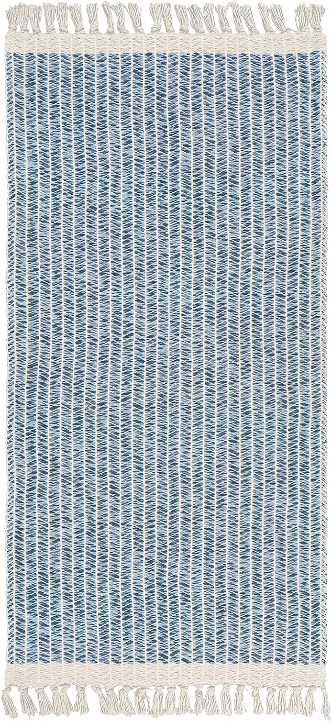 Lahome Belle Boho Laundry Room Rug Runner, 2x4.3 Bathroom Runner Rug Lightweight Kitchen Rugs Woven Cotton Throw Mat with Tassels, Farmhouse Washable Blue Rugs Low Pile for Bedroom Door Mat