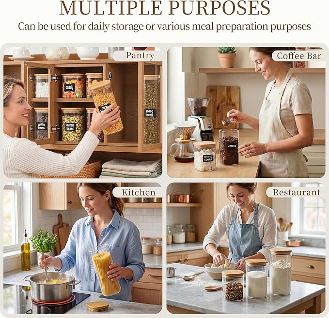 SENTVEND 24 Oz/ 37 Oz/ 51 Oz Glass Storage Jars with Bamboo Lids - 6 Pack Clear Glass Canisters Square Airtight Stackable Ideal for Pantry Storage Containers Great for Cereal Coffee Beans Snacks etc