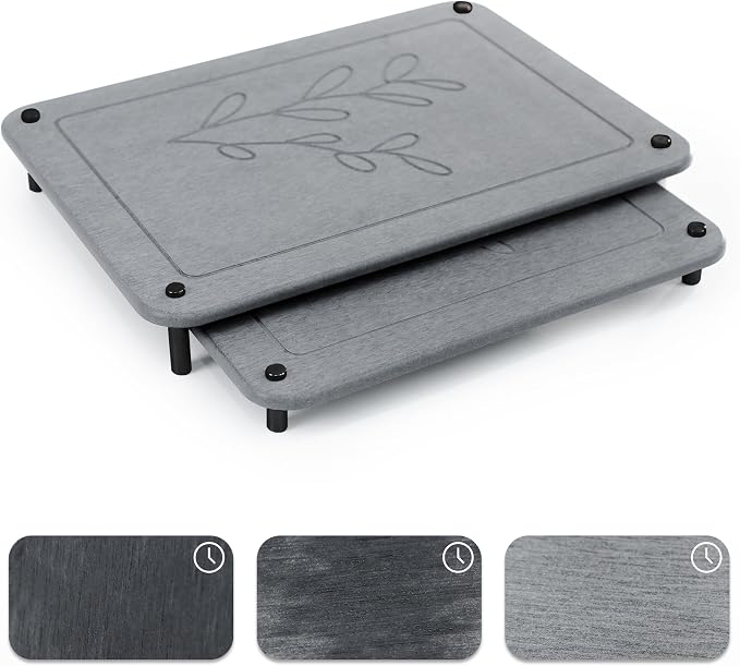 Jaye & Blake 2 PCs Nesting Stone Dish Drying Mats for Kitchen Counter | Absorbent Quick Drying Diatomaceous Earth Stone Drying Mat with Non-Slip Feet | Dark Grey - Leaf Design - Black Screws