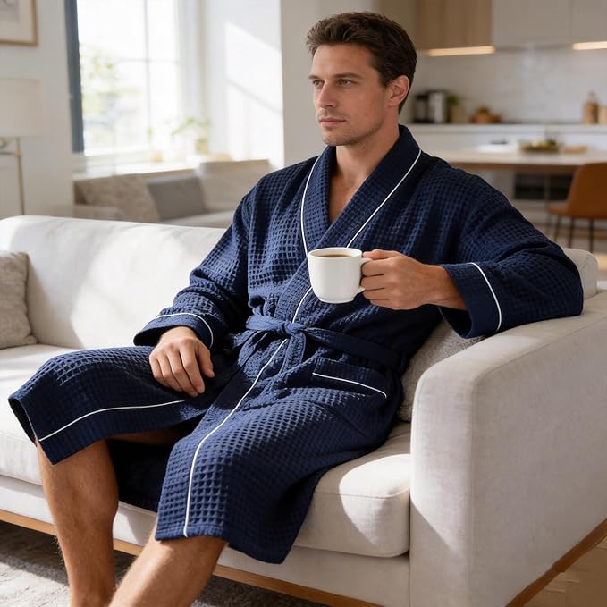 Inner Wish Men's Cotton Waffle Kimono Robe, Lightweight Soft Spa Shower Bathrobe, Hotel Lounge Robes for Men