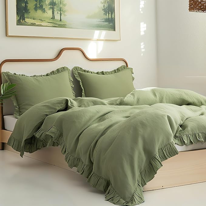 Simple&Opulence 100% Linen Duvet Cover Set, Natural French Flax Sage Green Ruffle Duvet Cover Twin Size, Breathable Comfy Linen Bedding Comforter Cover with 1 Pillowcase (Sage Green, 68" x 86")