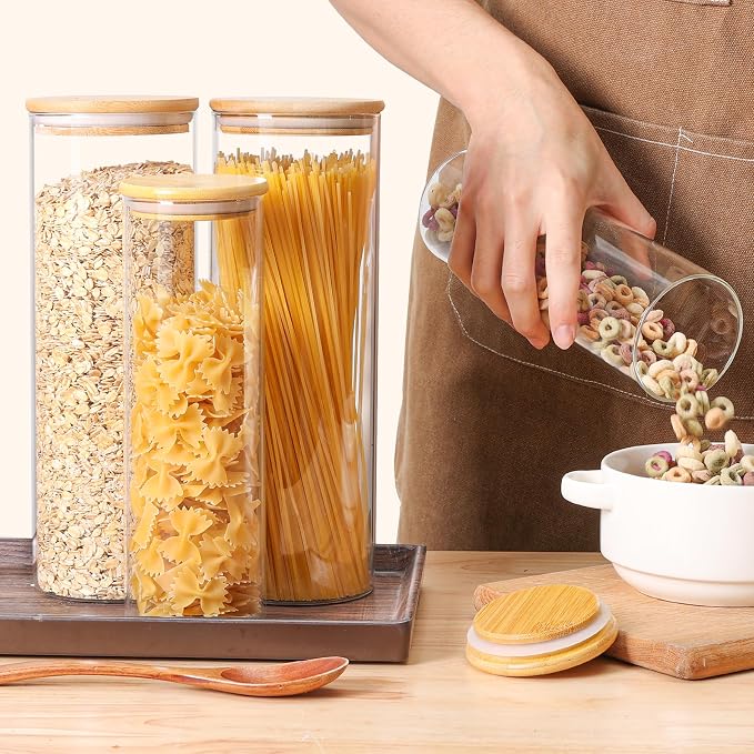 ComSaf Set of 9 Glass Storage Containers with Lids, Glass Jars with Bamboo Lids, Clear Food Storage Jar, Round Glass Canister, Pantry Organizers and Storage for Pasta Flour Rice Coffee Bean