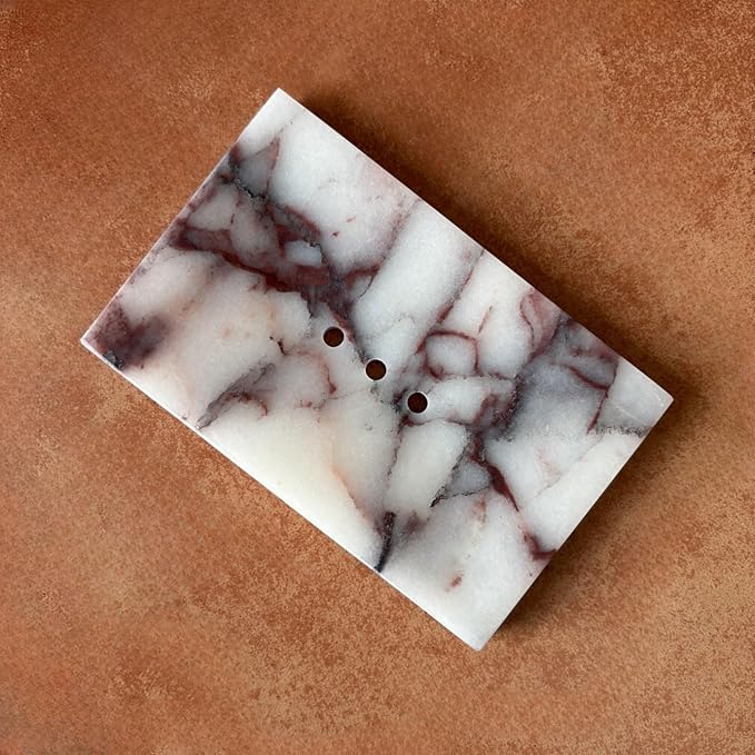 Natural Smooth Real Marble Soap Dish/Facial Sponge Holder/Bathroom Makeup Sponge Tray with Draining Hole (Calacatta Purple)