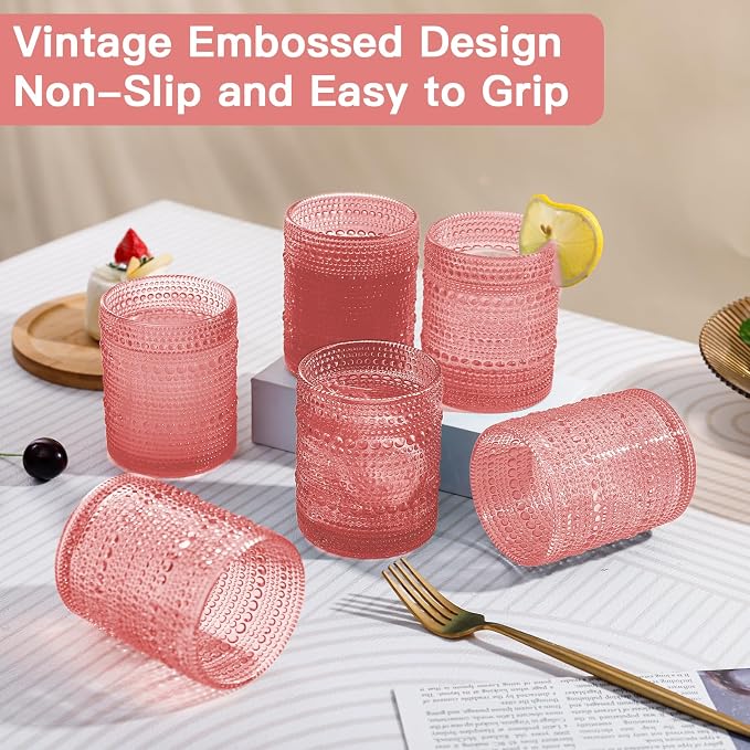 JOVGANK Pink Vintage Hobnail Drinking Glasses Set of 6, Embossed Water Tumbler 12oz, Kitchen & Bar Beaded Glass Cups, Beverage Glass Cups for Water, Beer, Juice, Housewarming Gift