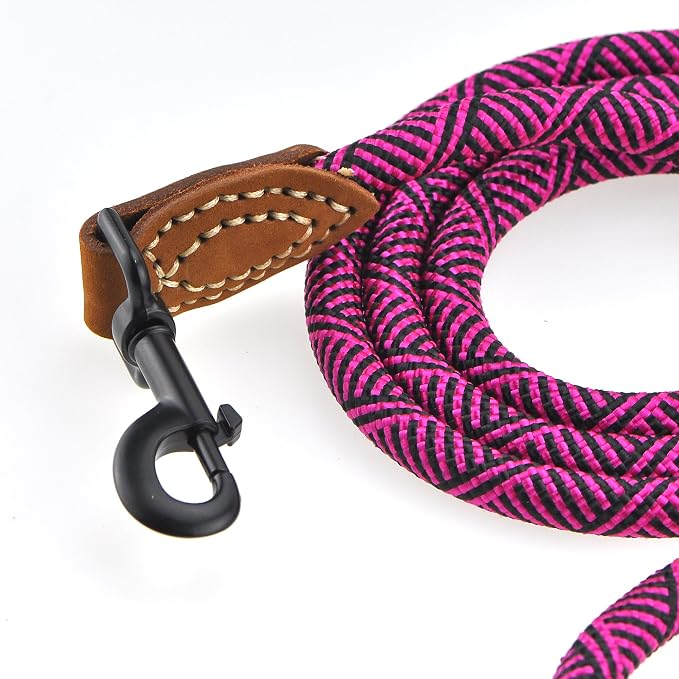 Mile High Life Rope Leash with Genuine Leather Connection, 6 FT/5 FT/4 FT, Heavy Duty Leash for Medium & Large Dogs (Hot Pink, 60 Inch)