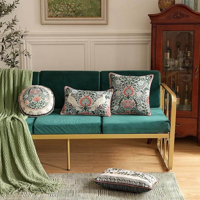 ISAENNE Designer William Morris Rectangular Throw Pillow Covers 12x20 Pack of 2,Vintage Floral Birds Cushion Cases, Decorative Linen Pillow Covers for Sofa Couch Bedroom Living Room Outdoor