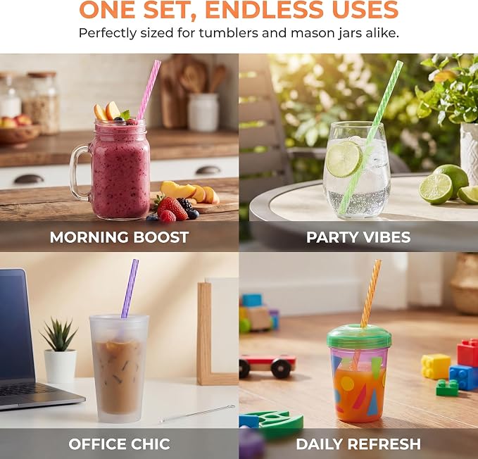 50PCS Reusable Straws with Cleaner Brush, 9.06" Long Colorful Clear Hard Plastic Swirl Drinking Straws for 12 oz 16 oz Mason Jar, Tumblers, Milk, Juice, Iced Coffee, Smoothies, Cocktail