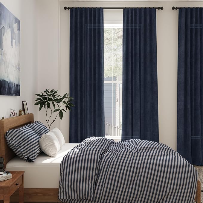 Navy Blue Linen Sheer Curtains 108 Inches Long Back Tab Rod Pocket 2 Panels Semi Sheer Extra Long Curtains Light Filtering Modern Boho Drapes for Living Room Luxury Floor Length Curtain 9Ft 40x108