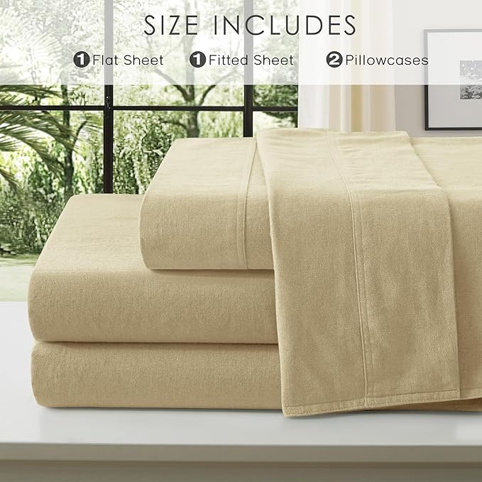 4Pcs Organic Linen Sheets Full Size, 100% French Linen from Normandy, Breathable Linen Yellow Full Sheet Set with 16 Inch Deep Pocket, 1 Flat Sheet, 1 Fitted Sheet, 2 Pillowcases