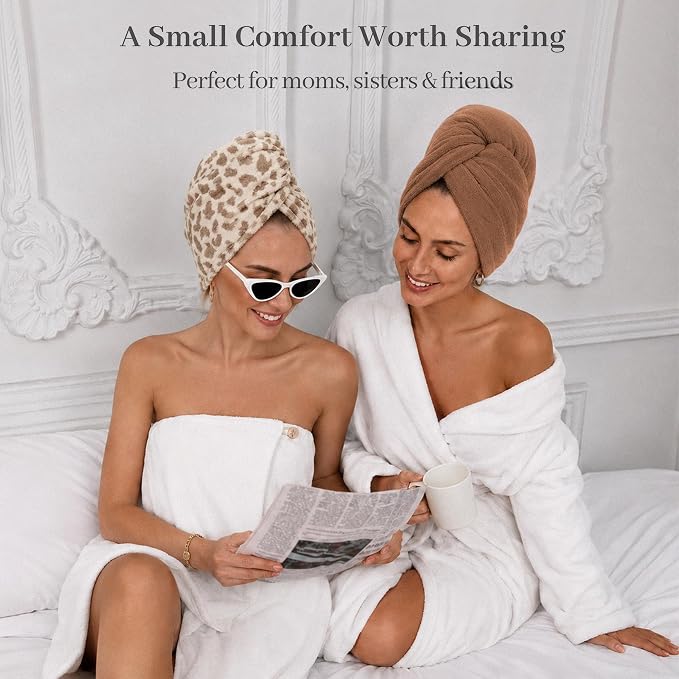 ROLSHOL Cotton Hair Towel Wrap for Women, 2 Pack 100% Cotton Hair Drying Towels for Long, Thick & Curly Hair, 32" x 11" Large Hair Turban for Wet Hair with Elastic Band (Dark Brown)
