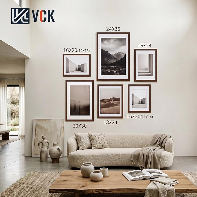 VCK 16x20 Picture Frames Brown - 3 Pack, Wide Border Wood, Tempered Glass, Display 12x16 Photo with Mat or 16 x 20 Without, for Home, Office, Gallery, Woodgrain Series, Wall Hanging