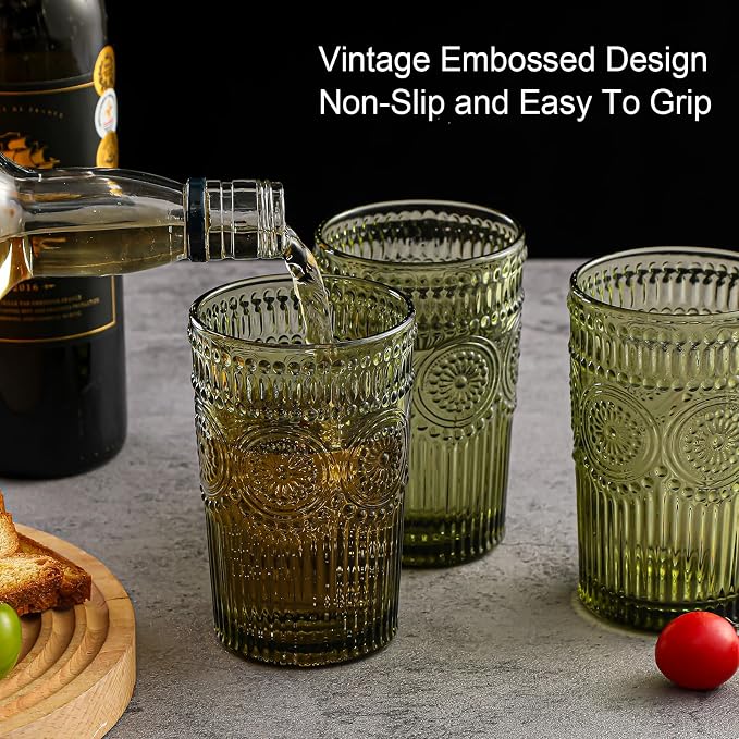 ZMOWIPDL Vintage Glassware Drinking Glasses Set of 6,13 oz Green Textured Flower Design Glass Water Tumblers,Embossed Striped Drinkware for Water,Cocktails,Juice,Iced Coffee