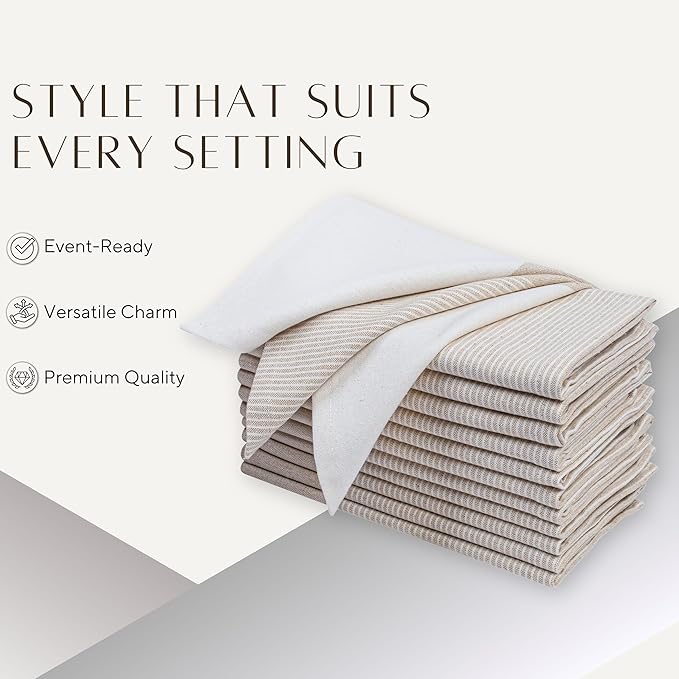 Ramanta Home Cloth Napkins Set of 12 - Beige, 18x18 Inches -Easter Basket Décor Block Striped Dinner Napkin for Spring Farmhouse Wedding, Washable Soft Cotton Durable Table Linen for Everyday Use