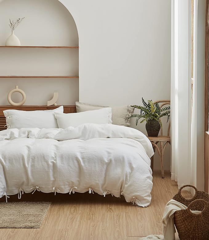 Simple&Opulence 100% Linen Duvet Cover Set 3pcs with Bowknot Ties Closure Natural French Washed Flax Solid Color Soft Breathable Farmhouse Bedding - White, Queen Size