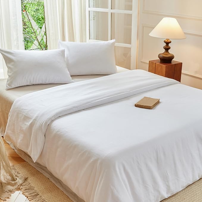 Simple&Opulence Linen Duvet Cover Set Queen Size - French Linen Cotton Woven Blend in White Color, 3 Pieces (1 Comforter Cover 88x92” + 2 Pillowcases), Soft & Breathable All-Season Farmhouse Bedding