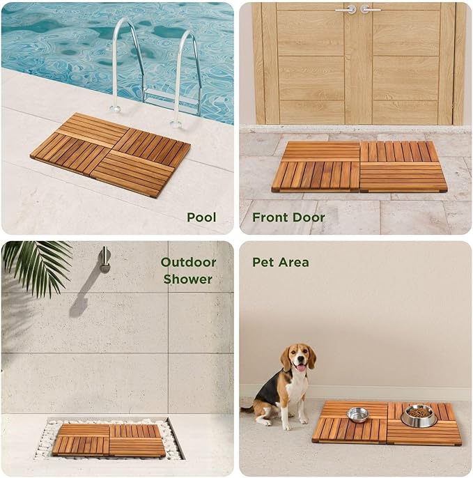 Premium 32"x21" Solid Teak Shower Mat, Extra Large Foldable Teak Bath Mat, Fast-Drain Slatted Design, Non-Slip Feet, Quick Dry for Bathroom, Door, Sauna, Indoor & Outdoor, 385 Lbs Capacity