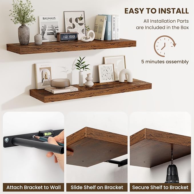 Fun Memories Floating Shelves for Wall, 30 Inch Long Floating Shelves Set of 3, 30 x 10 Wooden Shelves for Wall, Large Storage Shelves, Hanging Shelves for Bathroom Kitchen Bedroom, Rustic Brown