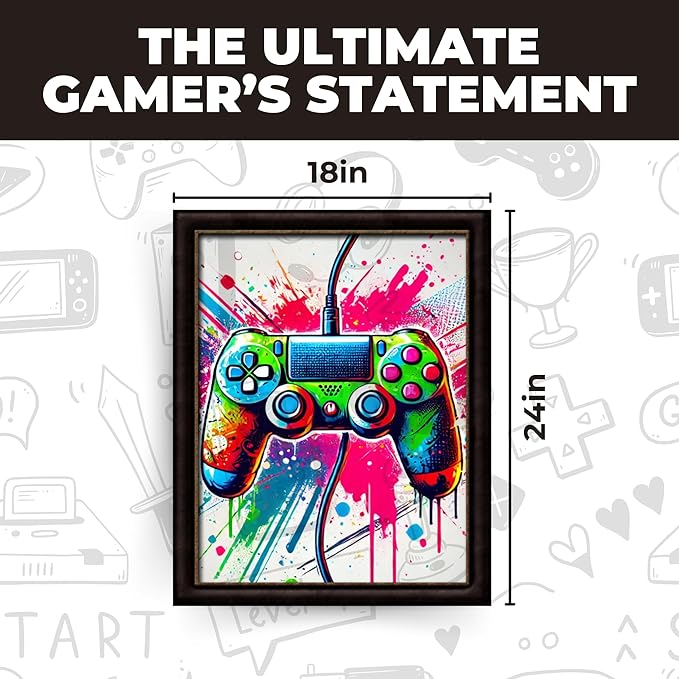 InkFlow Posters Vibrant Gaming Controller Poster - Abstract Graffiti Art with Colorful Paint Splashes - Fun Wall Decor for Bedroom, Office, Game Room - 18x24 Unframed Canvas Print