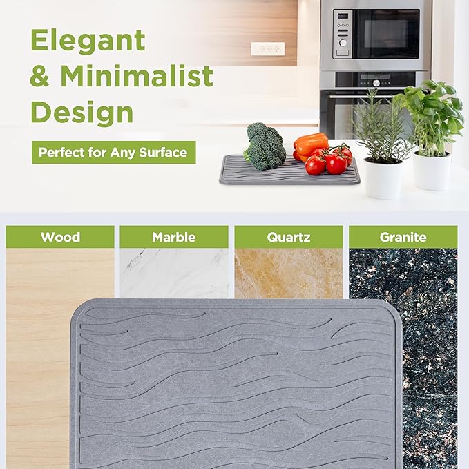 Stone Dish Drying Mat for Kitchen Counter - Super Absorbent, Fast Drying Diatomaceous Earth, Prevents Water Build-Up, Non-Slip & Heat Resistant, 15.75" X 11.75", Dark Gray