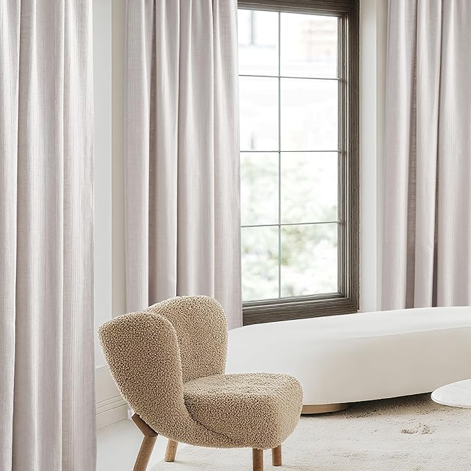 NICETOWN Boho Linen Curtains Jacquard Waffle Weave Pattern, Thick Window Treatments Privacy with Light Filtering Drapes for Living Room, Angora, W52 x L84, 2 Panels