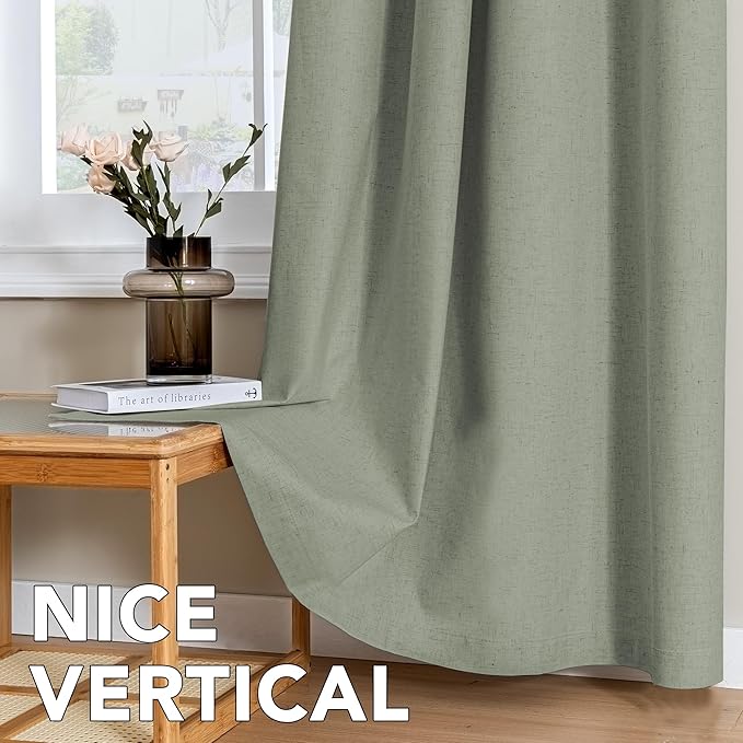 H.VERSAILTEX Linen Curtains 100% Blackout Curtains for Bedroom 90 inch Long Full Light Blocking Nature Linen Blended Window Curtains for Living Room Nickel Grommet (2 Panels, Heathered Dried Sage)