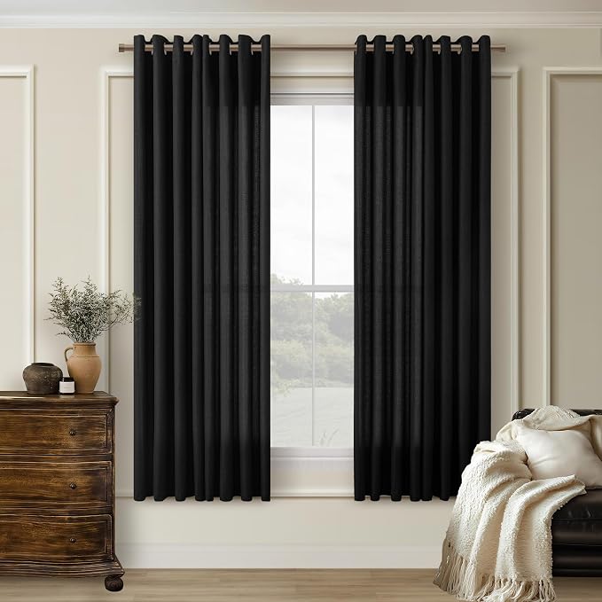 Black Bedroom Curtains 63 Inch Length 2 Panel Faux Linen Blend Privacy Light Filtering Semi Sheer Black Linen Drapes for Living Room Modern Farmhouse Grommet Window Curtain for Home Office 52x63