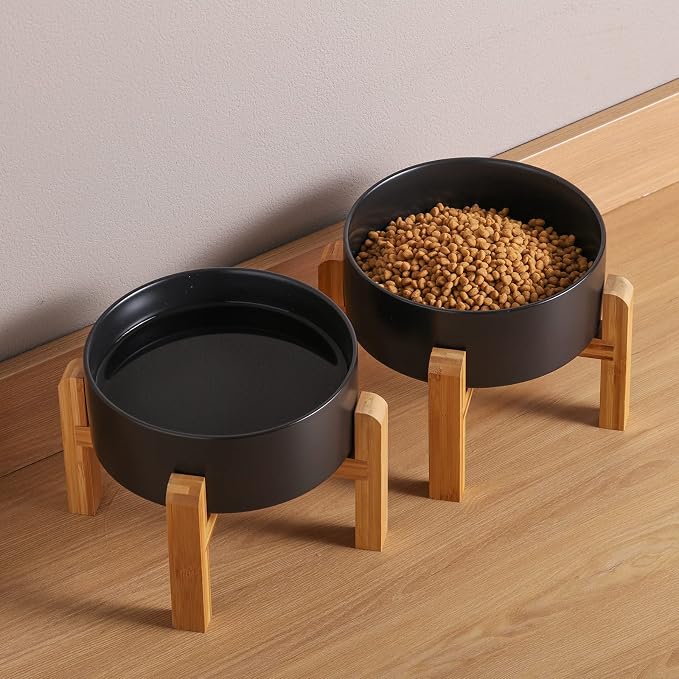 Black Elevated/Raised Dog Bowl Ceramic with Wood Stand for Medium Large Breed,Dog Food Water Dish Heavy Weighted,8 in Non Slip Modern Cute Porcelain Pet Bowl Extra Large